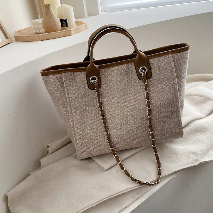 Structured Textured Canvas Tote Bag With Vegan Leather Handle & Chain Strap