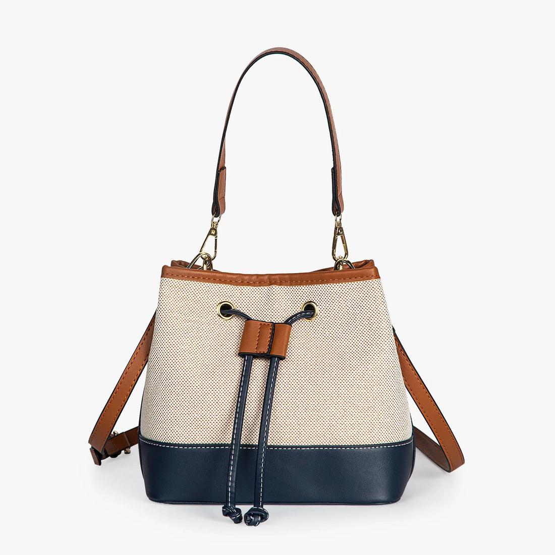 Vintage Tri-Tone Canvas Drawstring Bucket Bag With Dual Vegan Leather Straps