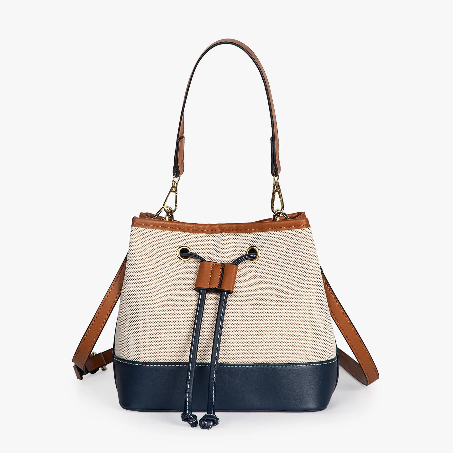 Vintage Tri-Tone Canvas Drawstring Bucket Bag With Dual Vegan Leather Straps