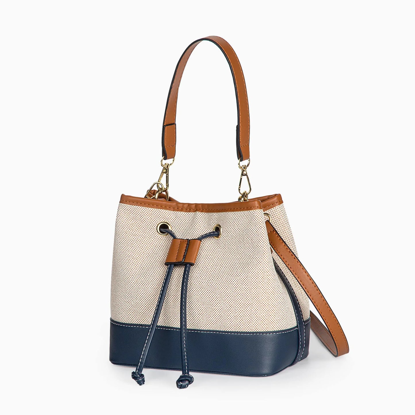 Vintage Tri-Tone Canvas Drawstring Bucket Bag With Dual Vegan Leather Straps