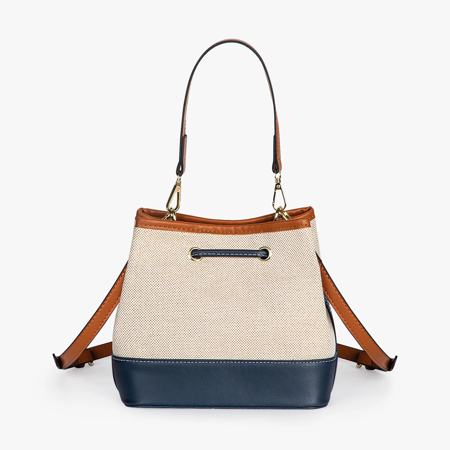 Vintage Tri-Tone Canvas Drawstring Bucket Bag With Dual Vegan Leather Straps
