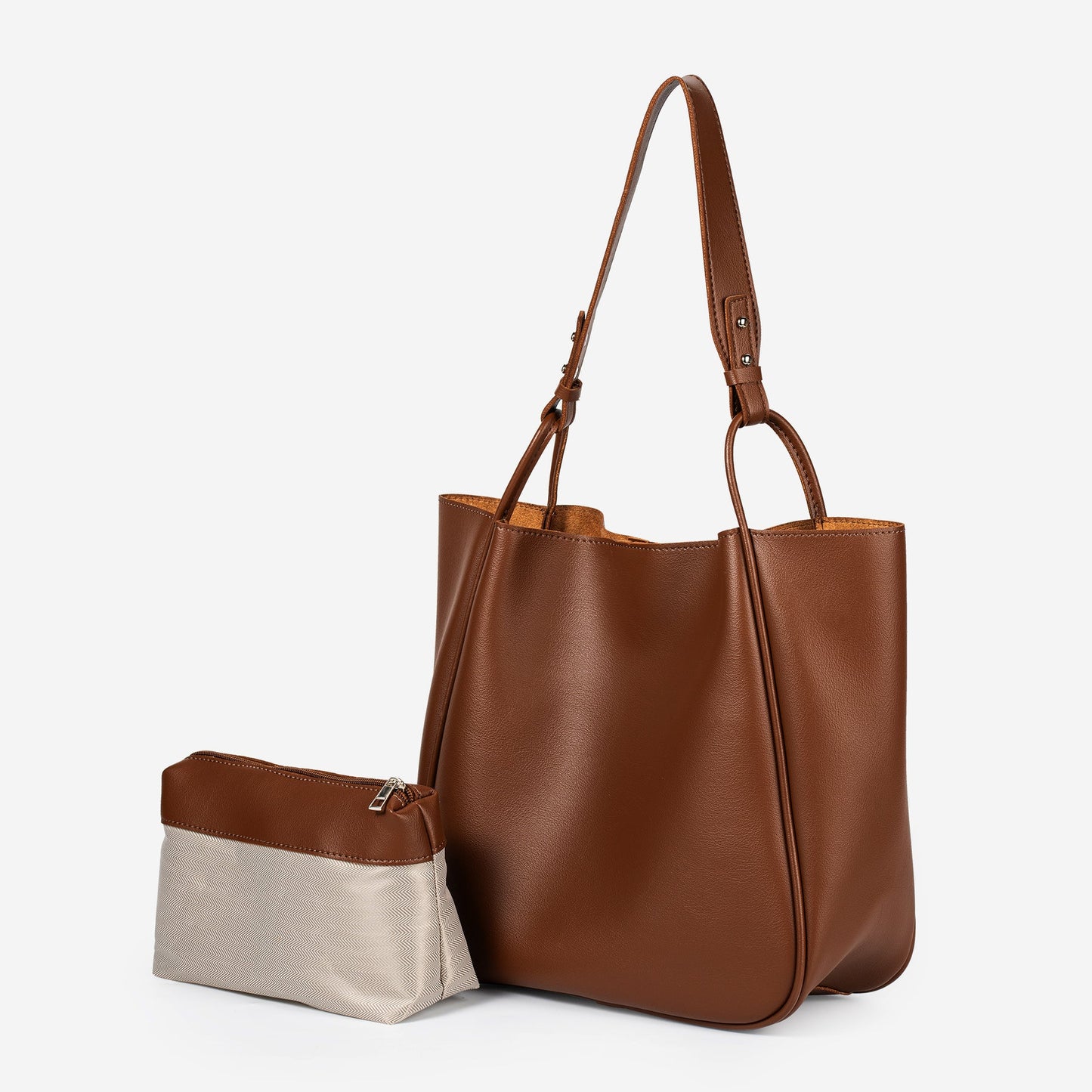 Large Smooth Vegan Leather Adjustable Handle Tote Bag With Matching Storage Pouch