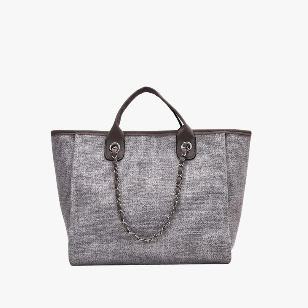 Structured Textured Canvas Tote Bag With Vegan Leather Handle & Chain Strap