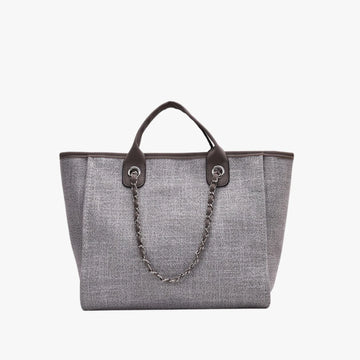 Structured Textured Canvas Tote Bag With Vegan Leather Handle & Chain Strap