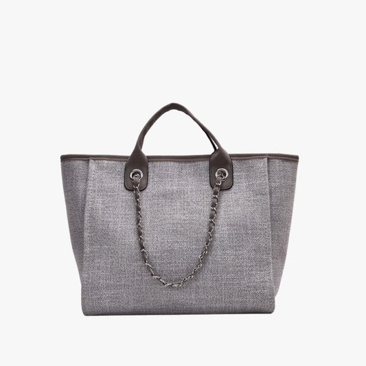 Structured Textured Canvas Tote Bag With Vegan Leather Handle & Chain Strap