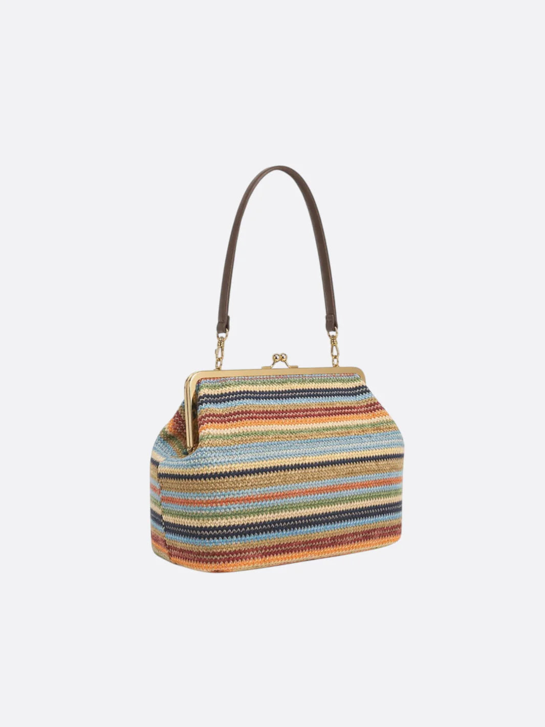 Multicolor Striped Woven Straw Retro Frame Clasp Shoulder Bag