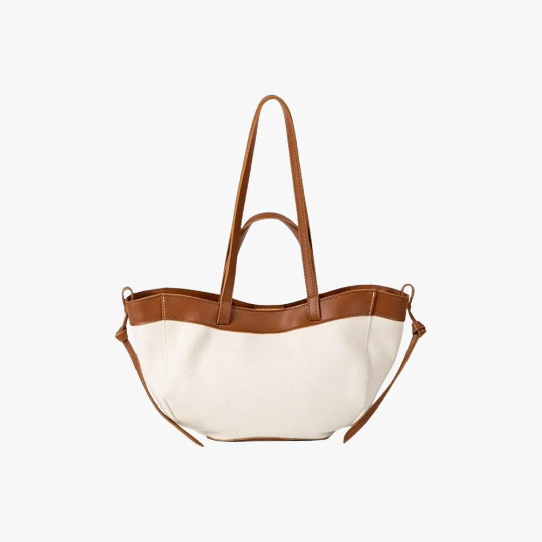 Classic Two-Tone Vegan Leather Trim Canvas Shoulder Tote Bag
