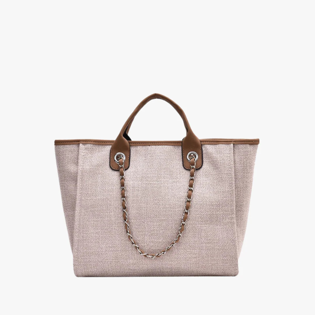 Structured Textured Canvas Tote Bag With Vegan Leather Handle & Chain Strap
