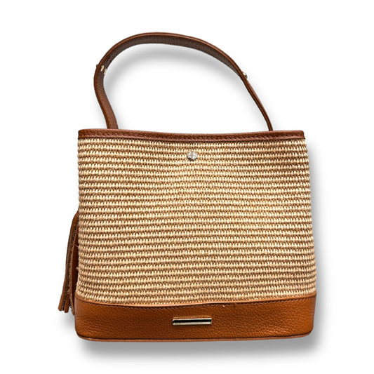 Large Raffia Leather Trim Drawstring Bucket Shoulder Bag