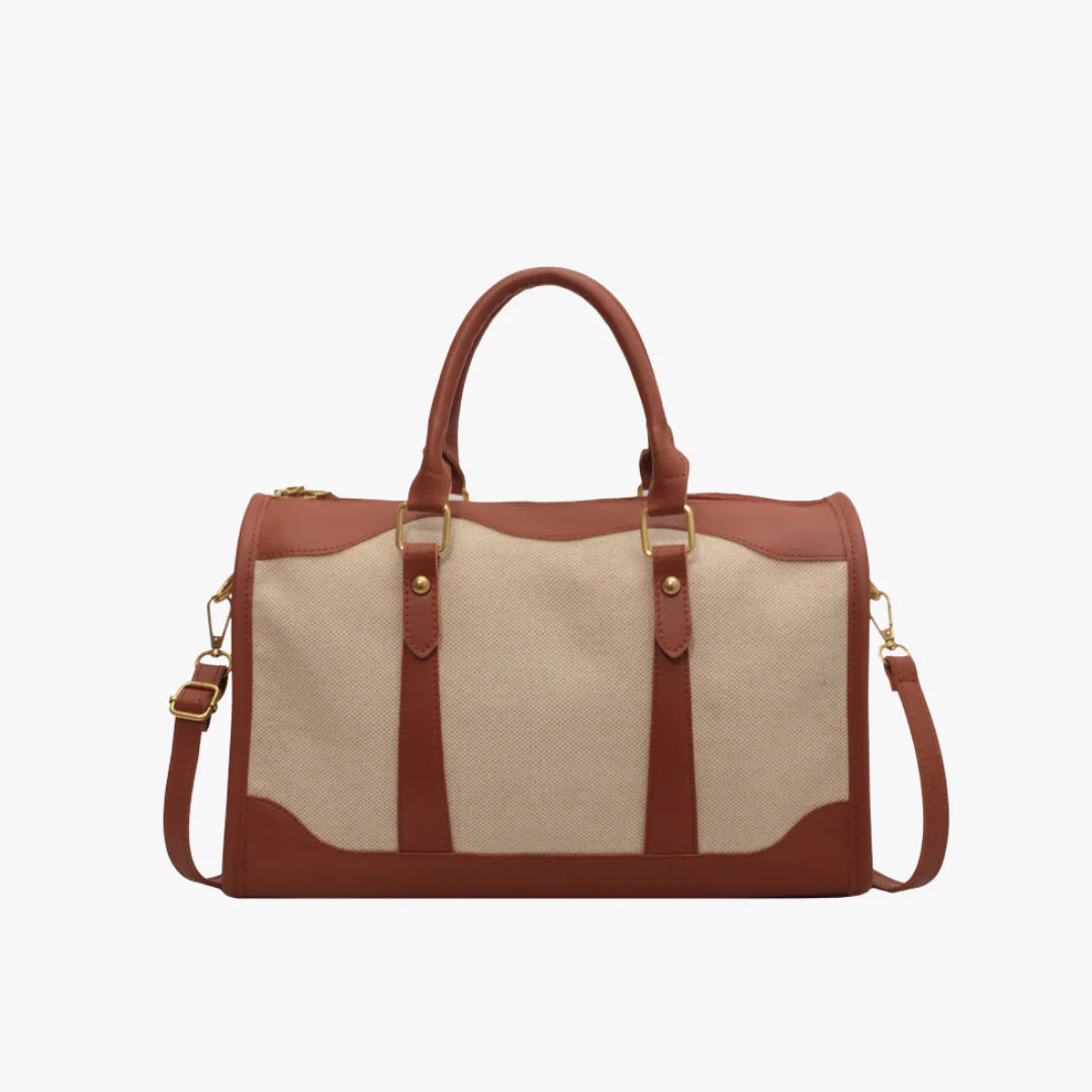 Vintage Two-Tone Canvas Vegan Leather Trim Duffle Travel Bag