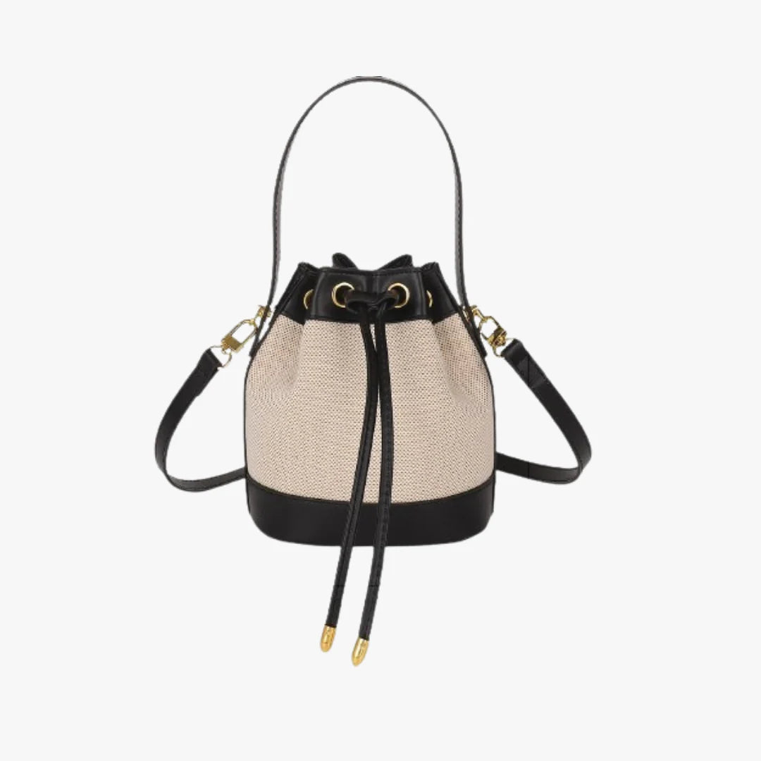 Two-Tone Canvas Drawstring Bucket Bag With Dual Vegan Leather Straps