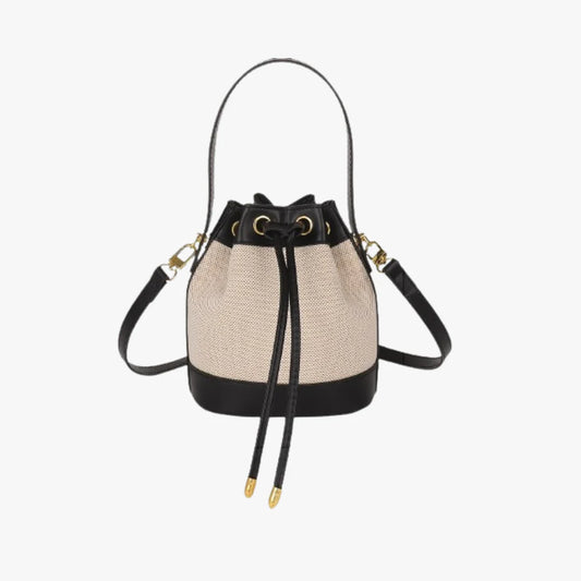 Two-Tone Canvas Drawstring Bucket Bag With Dual Vegan Leather Straps
