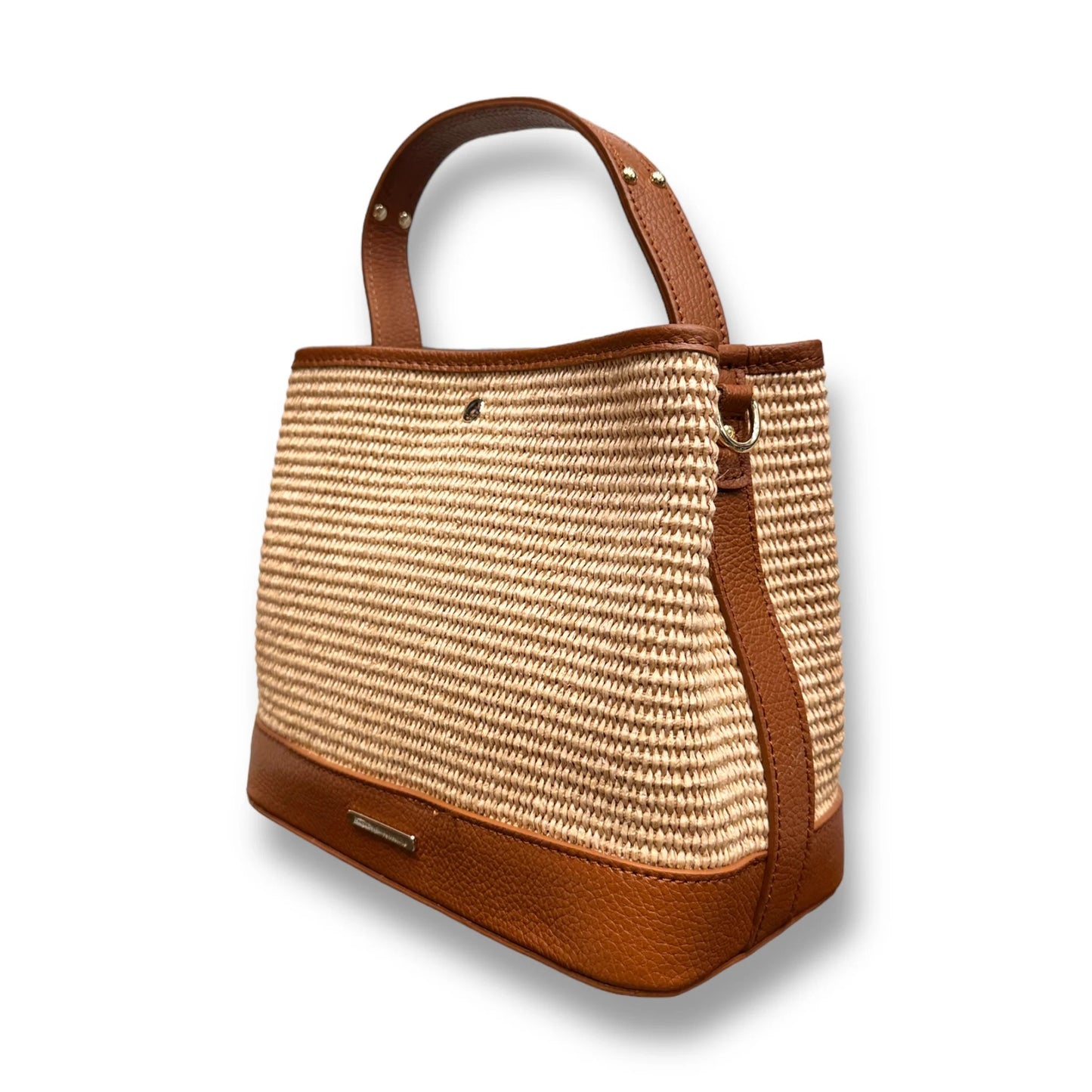 Large Raffia Leather Trim Drawstring Bucket Shoulder Bag