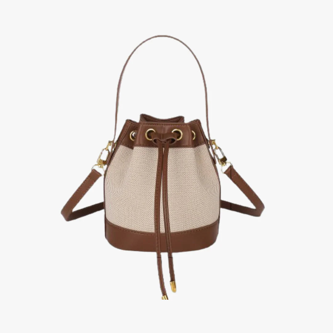 Two-Tone Canvas Drawstring Bucket Bag With Dual Vegan Leather Straps