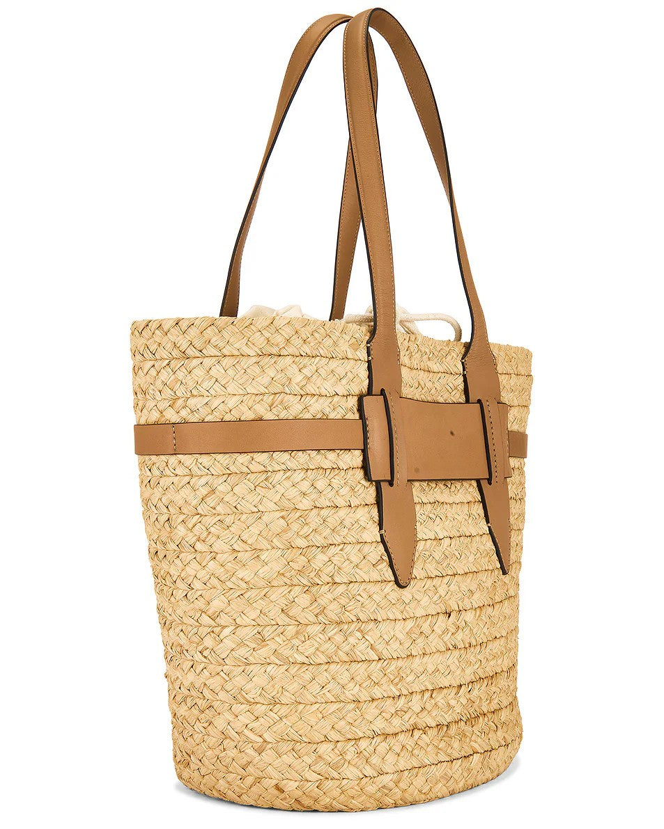 Raffia Woven Bucket Straw Tote Bag With Leather Straps & Detachable Lining