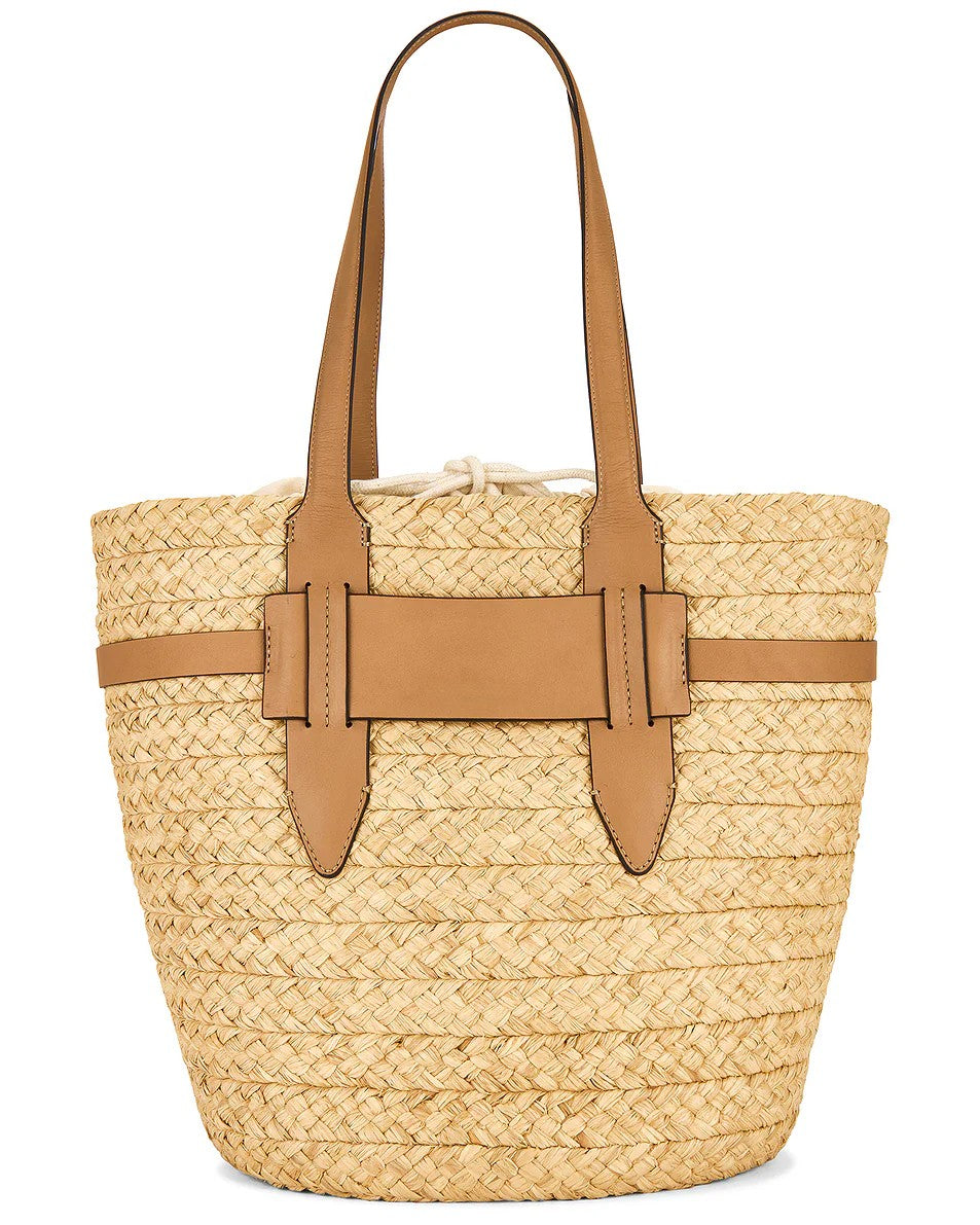 Raffia Woven Bucket Straw Tote Bag With Leather Straps & Detachable Lining