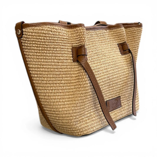 Premium Raffia Leather Trim Multi-Compartment Convertible Shopper Tote Bag
