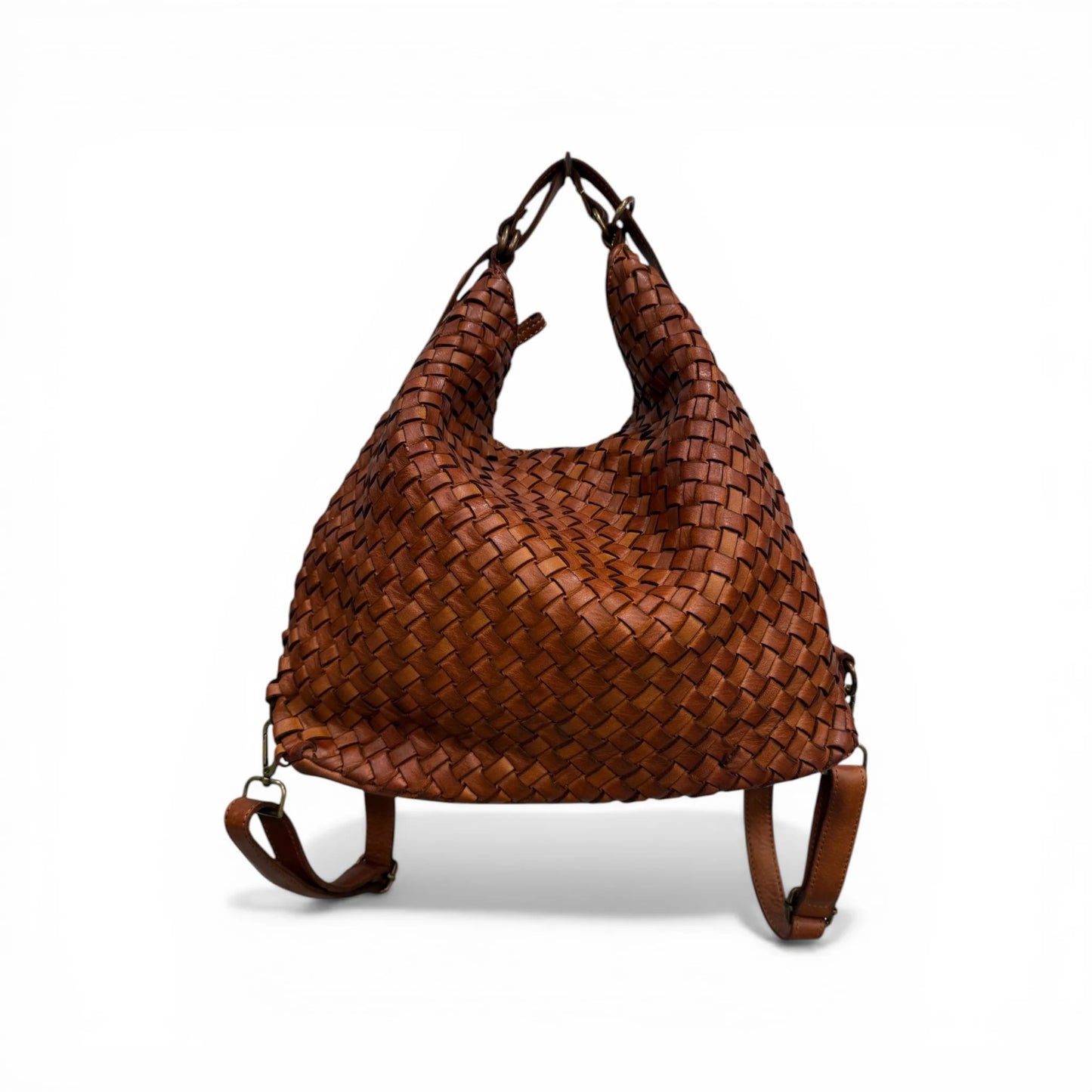 Hand-Woven Washed Calfskin Reversible Convertible Backpack Shoulder Bag