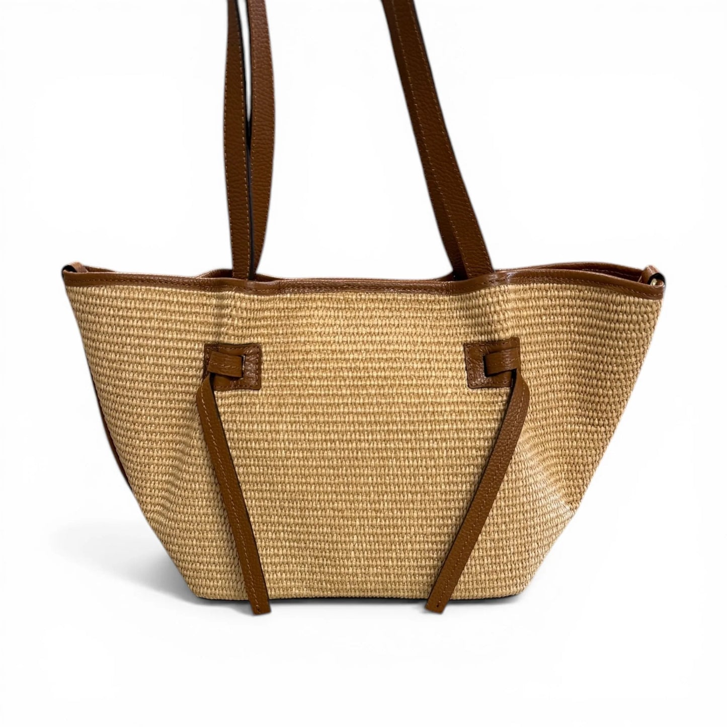 Premium Raffia Leather Trim Multi-Compartment Convertible Shopper Tote Bag
