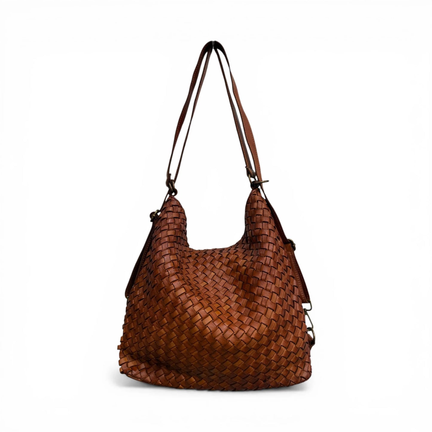 Hand-Woven Washed Calfskin Reversible Convertible Backpack Shoulder Bag