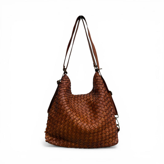 Hand-Woven Washed Calfskin Reversible Convertible Backpack Shoulder Bag