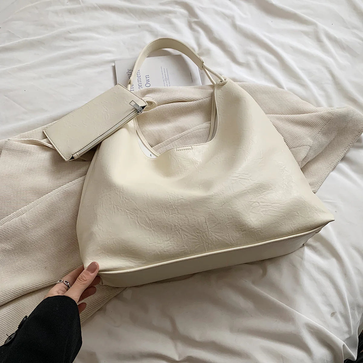Soft Slouchy Vegan Leather Large Shoulder Tote With Detachable Mini Pouch