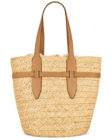 Raffia Woven Bucket Straw Tote Bag With Leather Straps & Detachable Lining