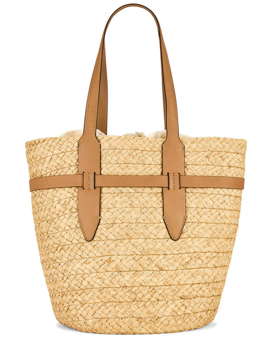Raffia Woven Bucket Straw Tote Bag With Leather Straps & Detachable Lining