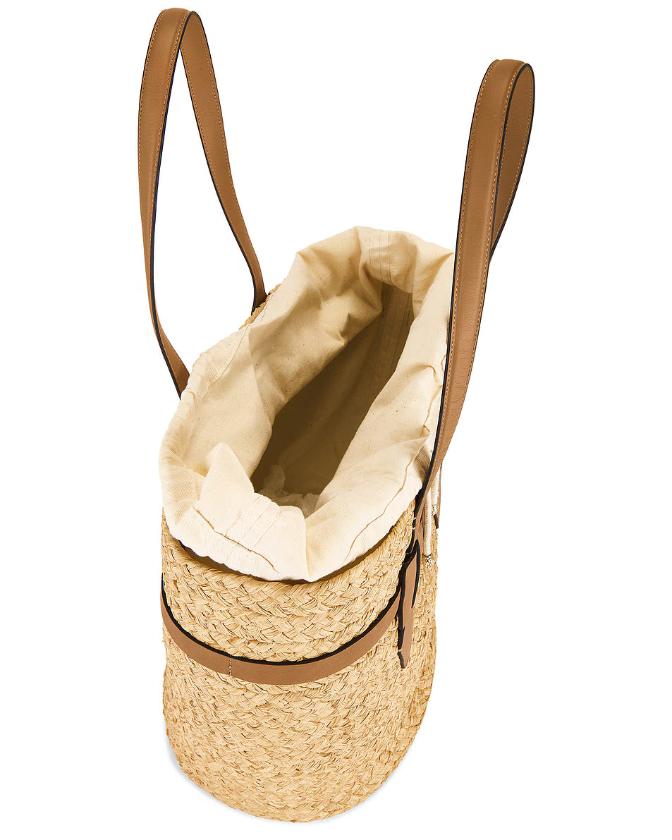 Raffia Woven Bucket Straw Tote Bag With Leather Straps & Detachable Lining