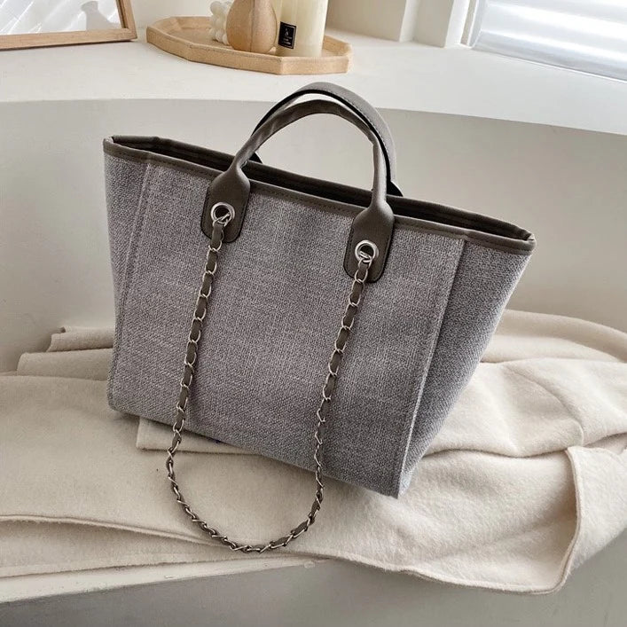 Structured Textured Canvas Tote Bag With Vegan Leather Handle & Chain Strap