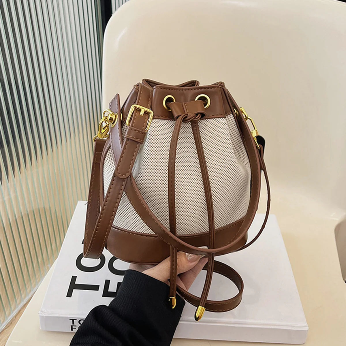 Two-Tone Canvas Drawstring Bucket Bag With Dual Vegan Leather Straps