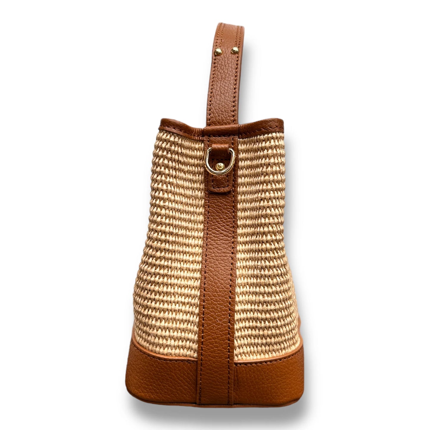 Large Raffia Leather Trim Drawstring Bucket Shoulder Bag
