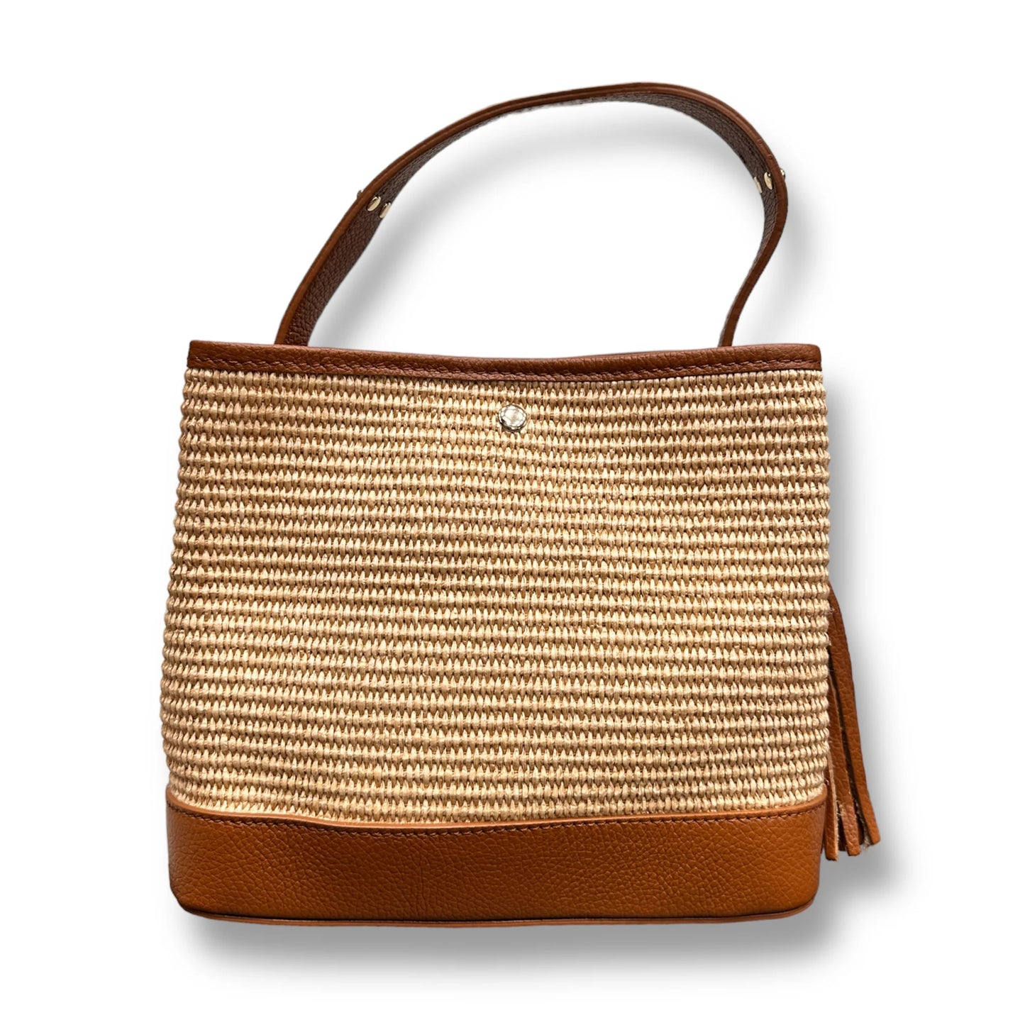 Large Raffia Leather Trim Drawstring Bucket Shoulder Bag