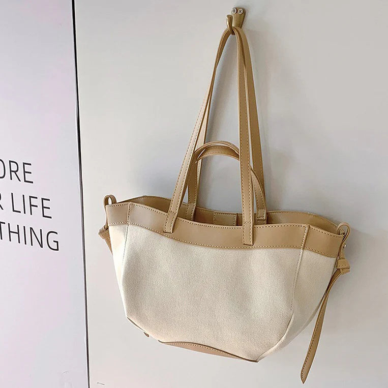 Classic Two-Tone Vegan Leather Trim Canvas Shoulder Tote Bag