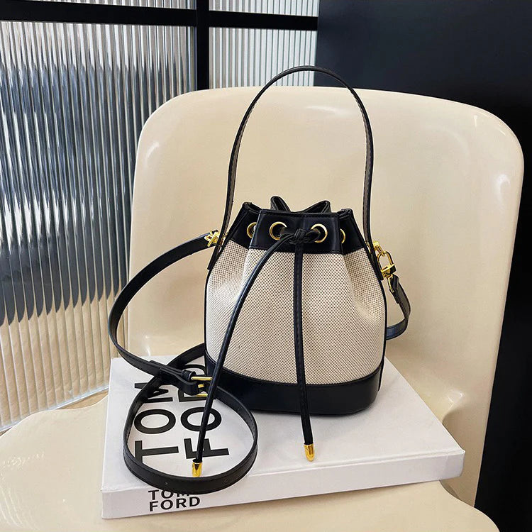 Two-Tone Canvas Drawstring Bucket Bag With Dual Vegan Leather Straps