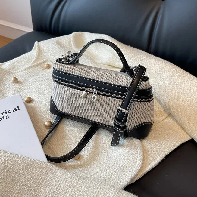 Vintage Two-Tone Mini Canvas Box Crossbody Bag With Vegan Leather Trim