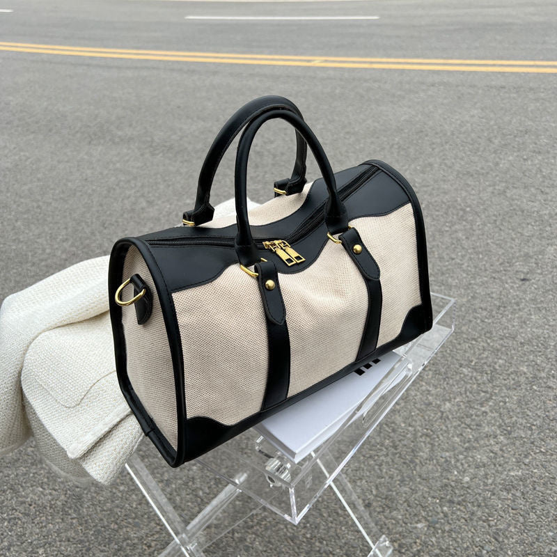 Vintage Two-Tone Canvas Vegan Leather Trim Duffle Travel Bag