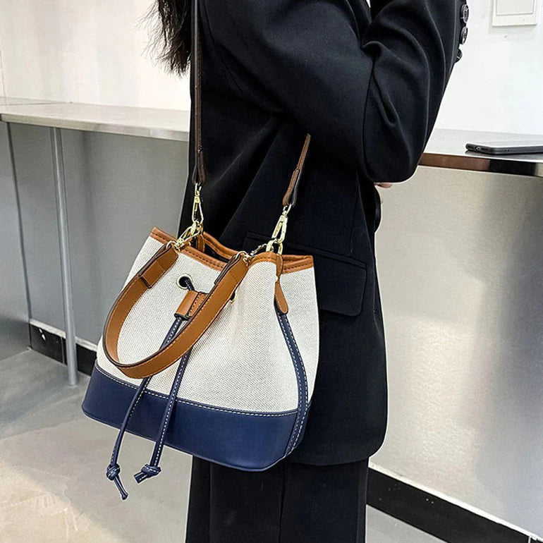 Vintage Tri-Tone Canvas Drawstring Bucket Bag With Dual Vegan Leather Straps