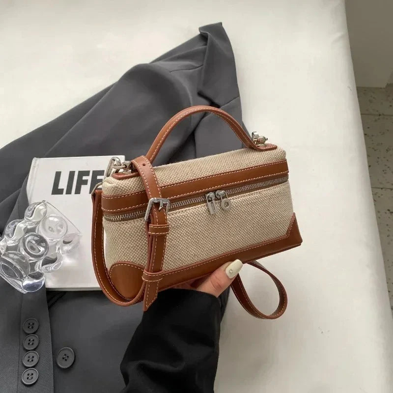 Vintage Two-Tone Mini Canvas Box Crossbody Bag With Vegan Leather Trim