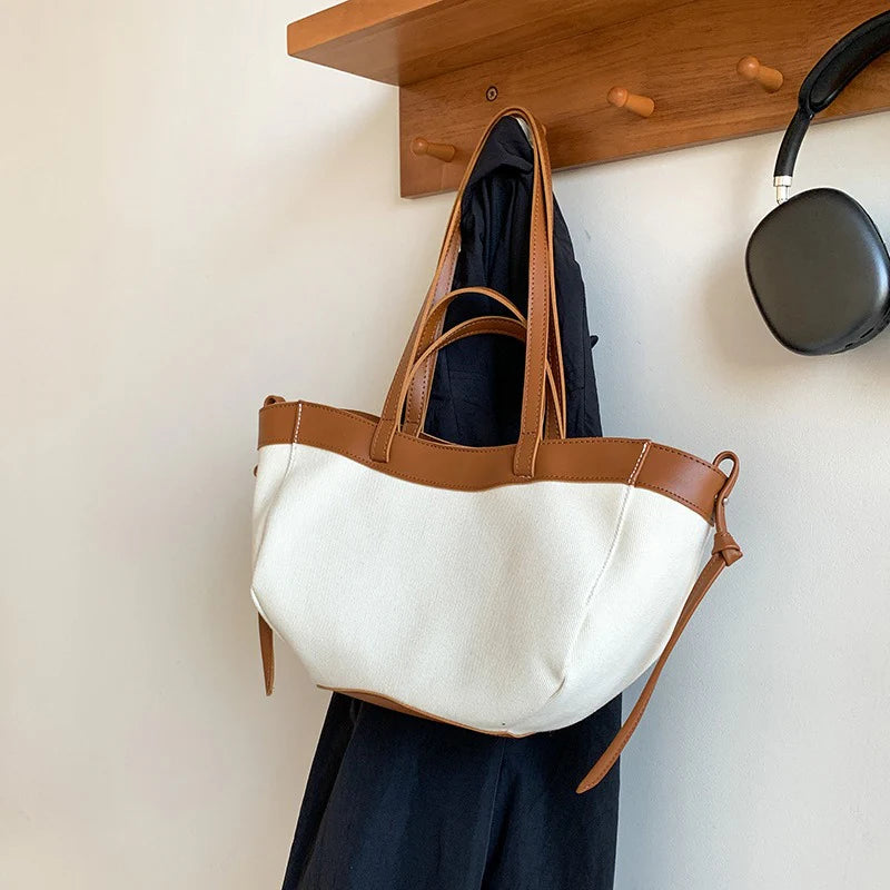 Classic Two-Tone Vegan Leather Trim Canvas Shoulder Tote Bag