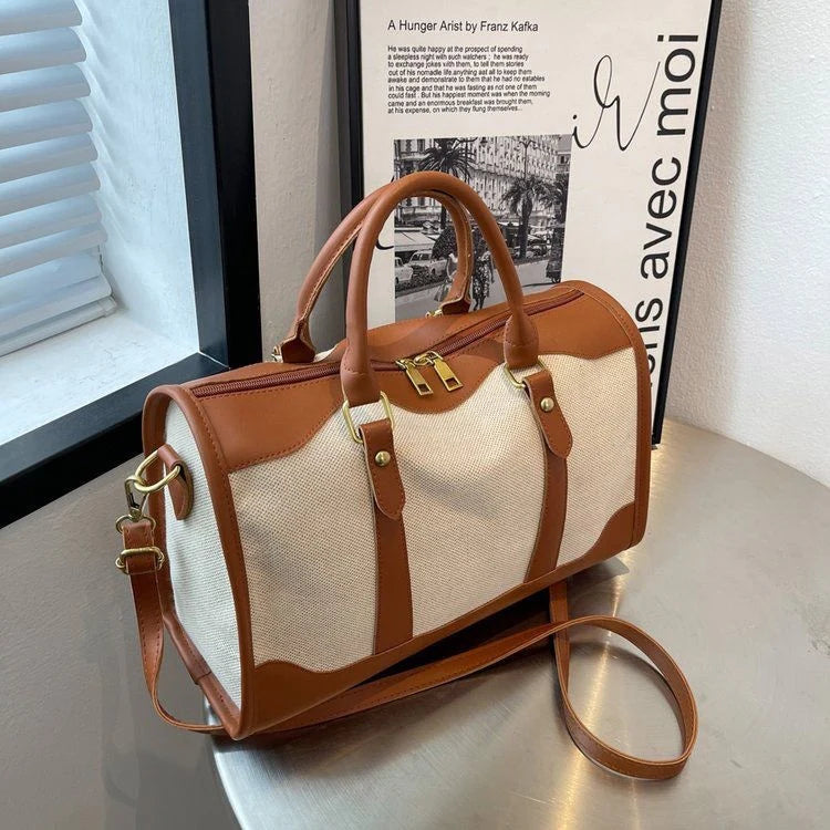 Vintage Two-Tone Canvas Vegan Leather Trim Duffle Travel Bag